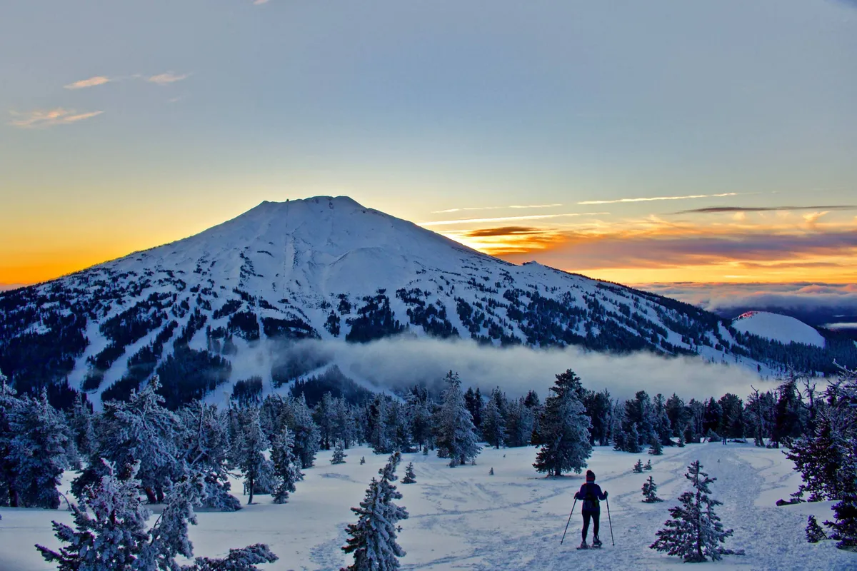 A dramatic winter landscape featuring a snow-covered mountain and a skier gliding down the slope, surrounded by forested trees. The image captures both action and the pristine beauty of winter in the mountains.